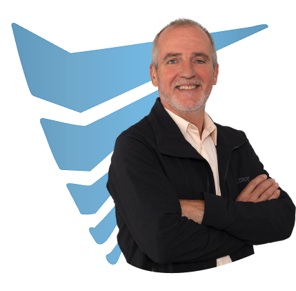 Pastor Stefan with blue V in the background